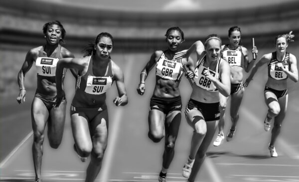 women running black and white